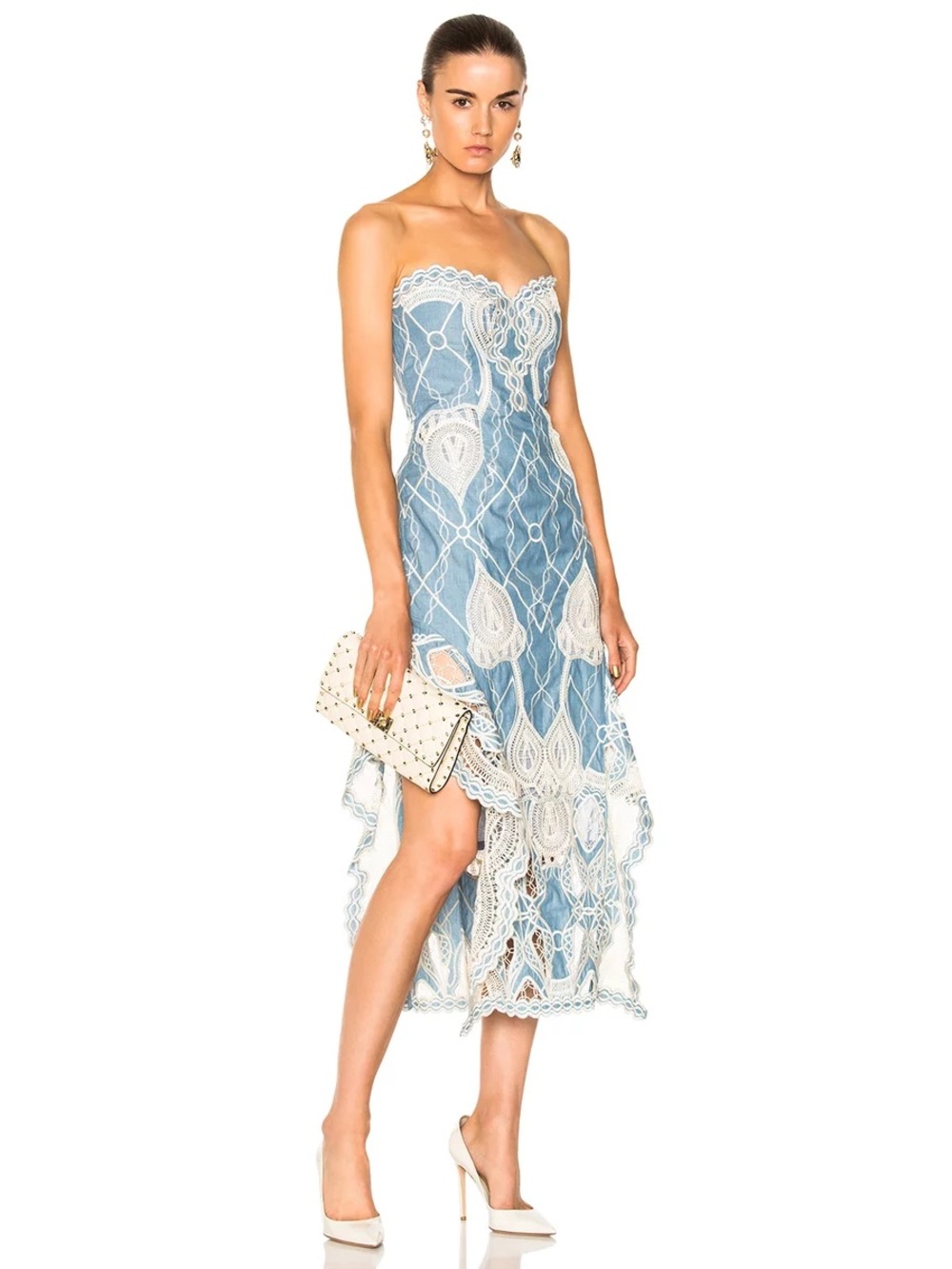 Jonathan Simkhai Crochet Embroidered Bustier Ruffle Midi Dress - Chambray